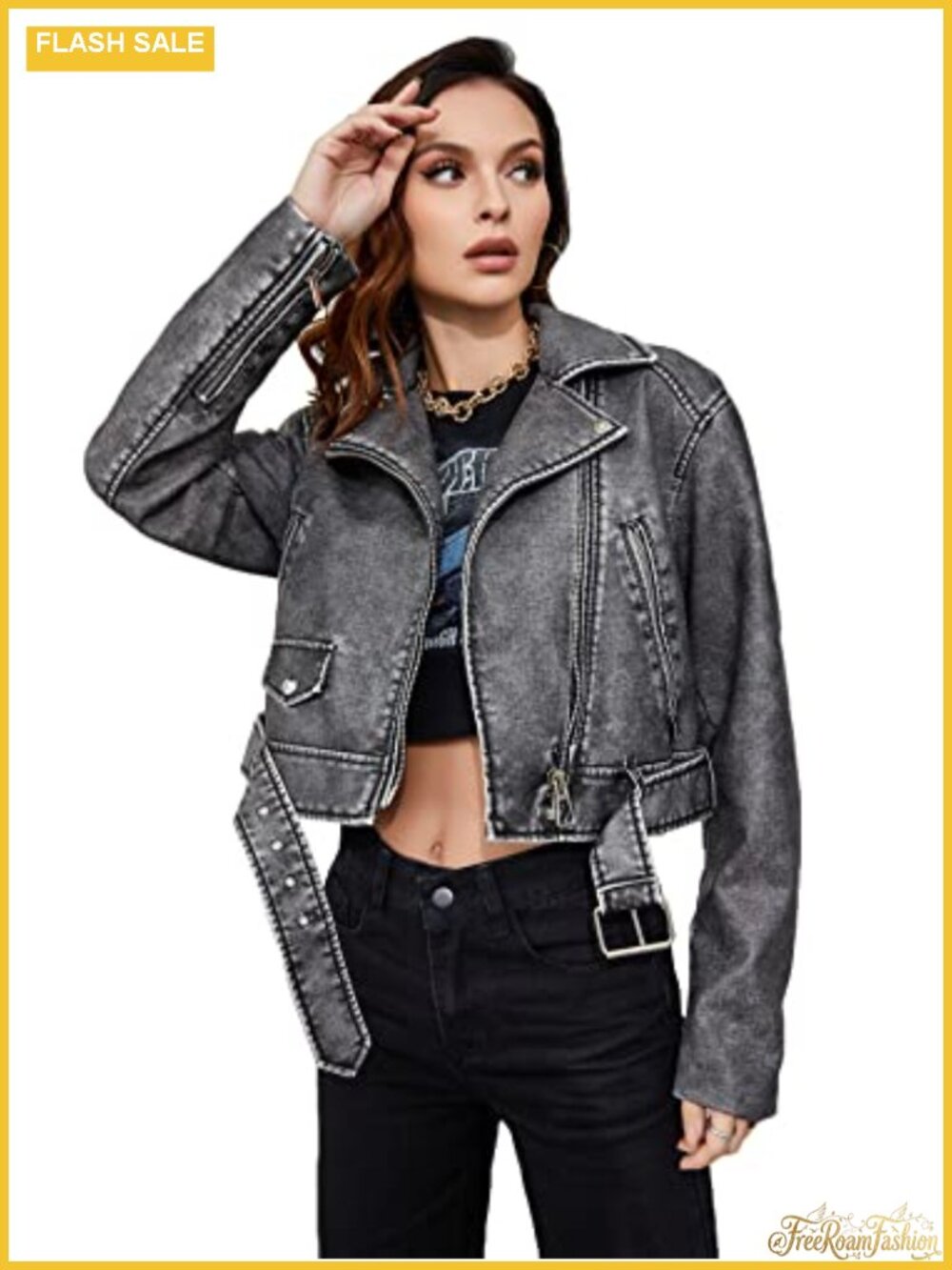 Faux Leather Cropped Jacket Biker Short Coat with Belt